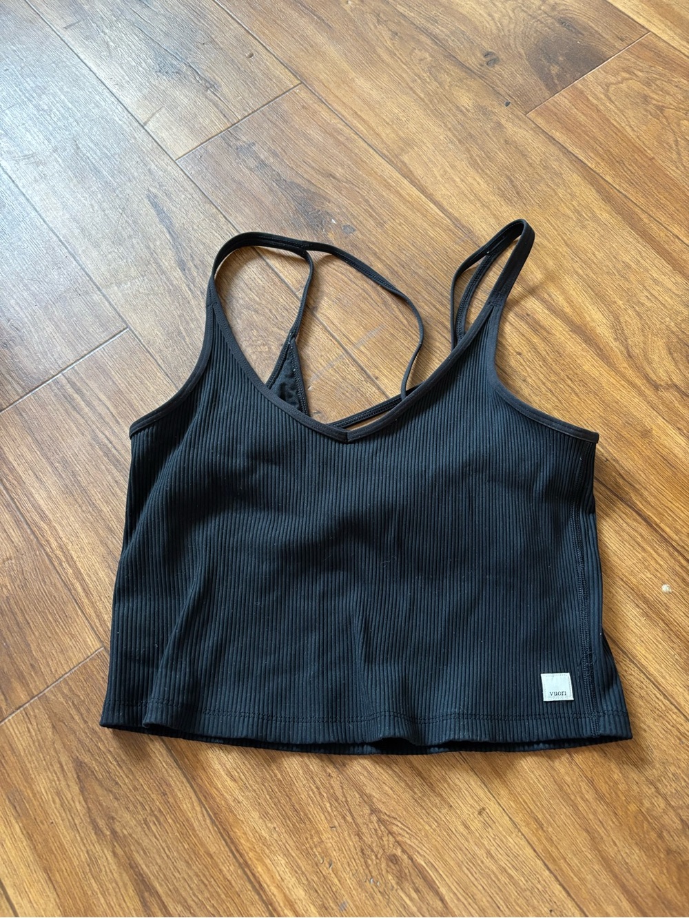 Vuori Black Ribbed Strappy Cropped Tank